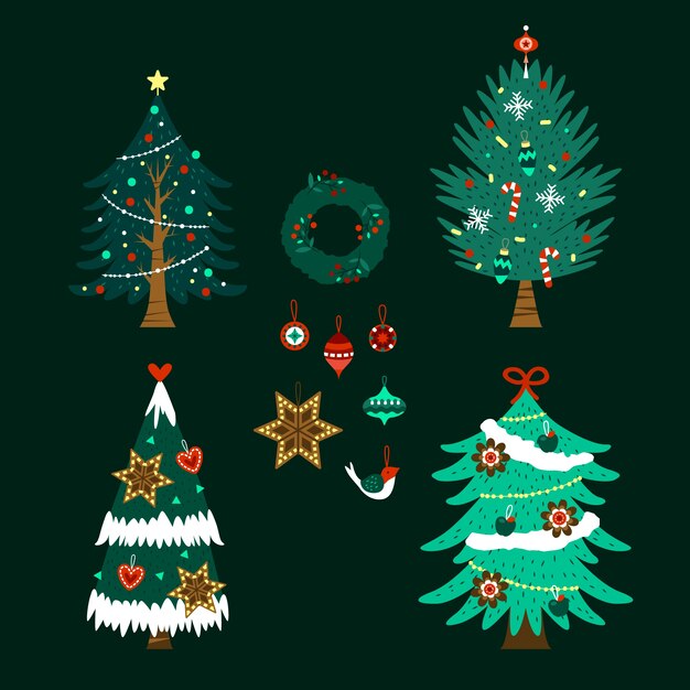 Hand drawn flat christmas trees collection