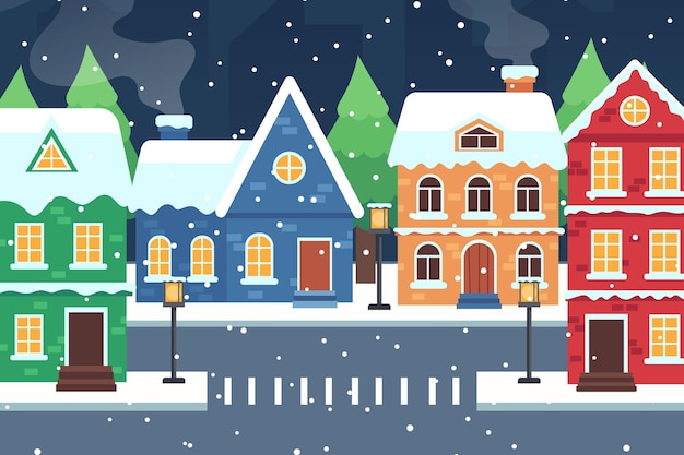 Free Vector hand drawn flat christmas village illustration