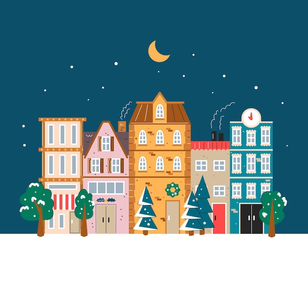 Hand drawn flat christmas village illustration