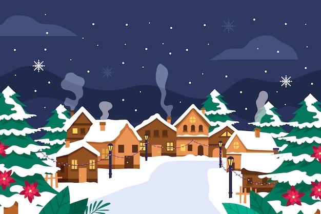 Hand drawn flat christmas village illustration