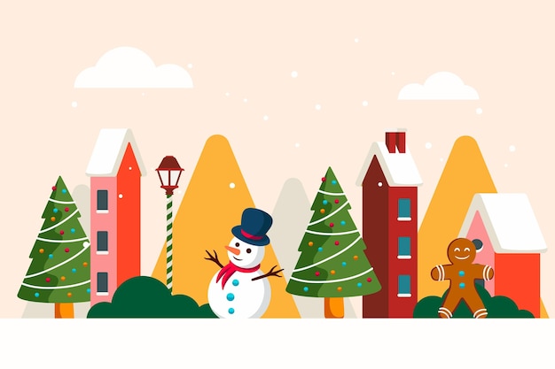 Hand drawn flat christmas village illustration