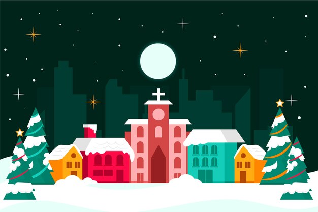 Hand drawn flat christmas village illustration