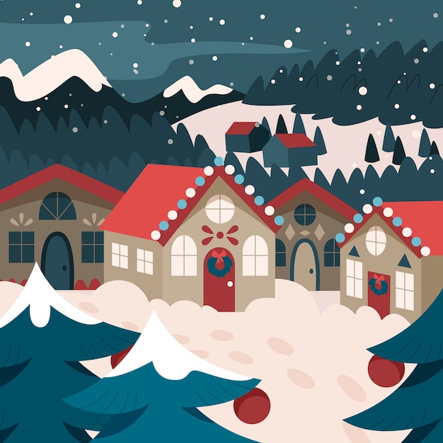 Free Vector hand drawn flat christmas village illustration