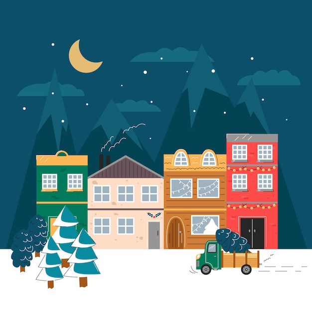 Free Vector hand drawn flat christmas village illustration