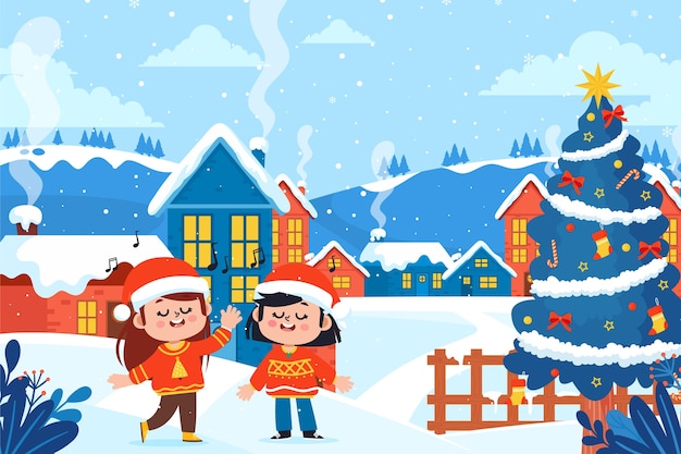 Hand drawn flat christmas village illustration