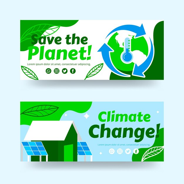 Hand drawn flat climate change horizontal banners set