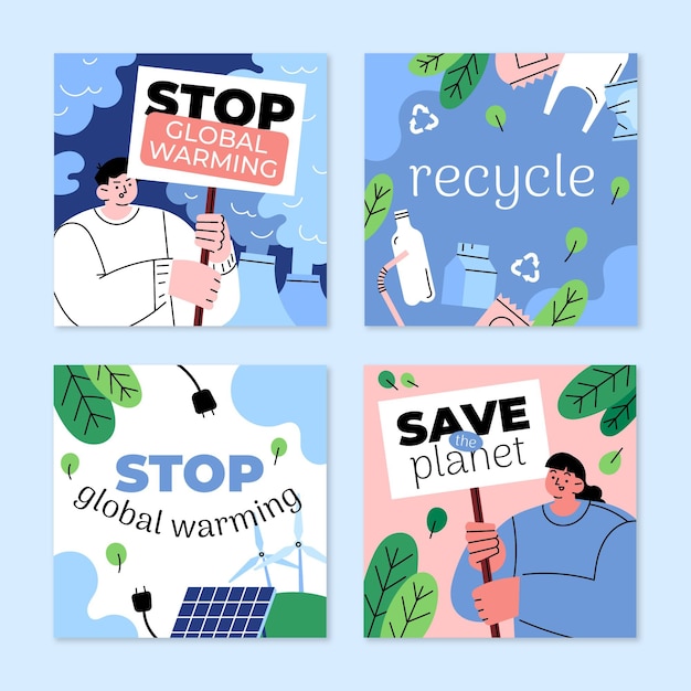 Hand drawn flat climate change instagram posts collection