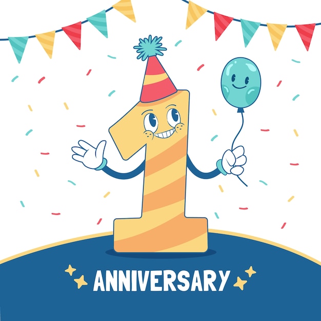 Hand drawn flat design 1 year anniversary card template