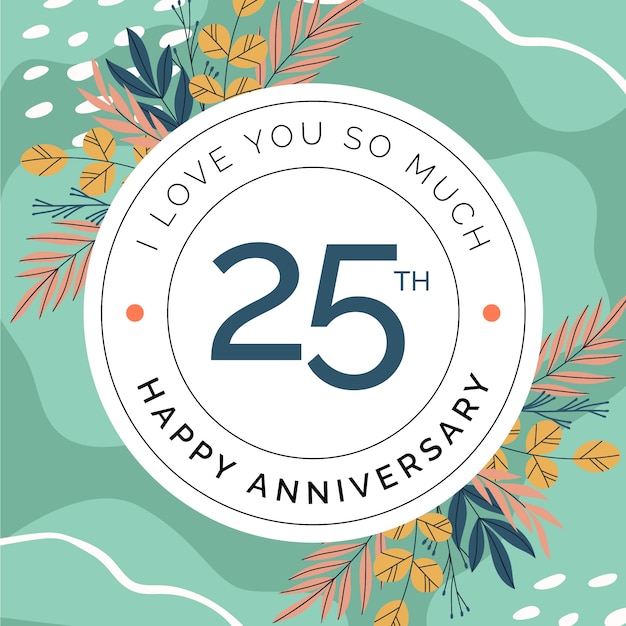 Hand drawn flat design 25th anniversary card template