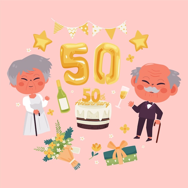 Free vector hand drawn flat design 50th anniversary card template