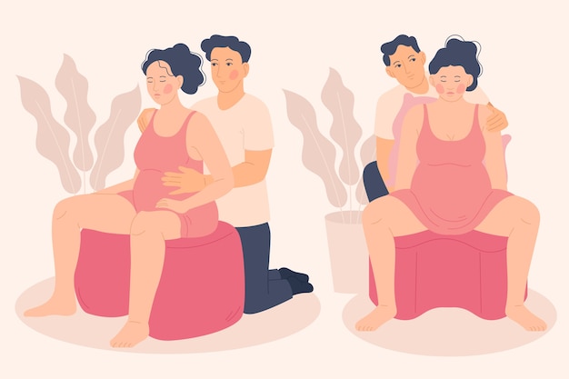 Hand drawn flat design childbirth scenes