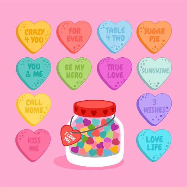 Hand drawn flat design conversation hearts collection