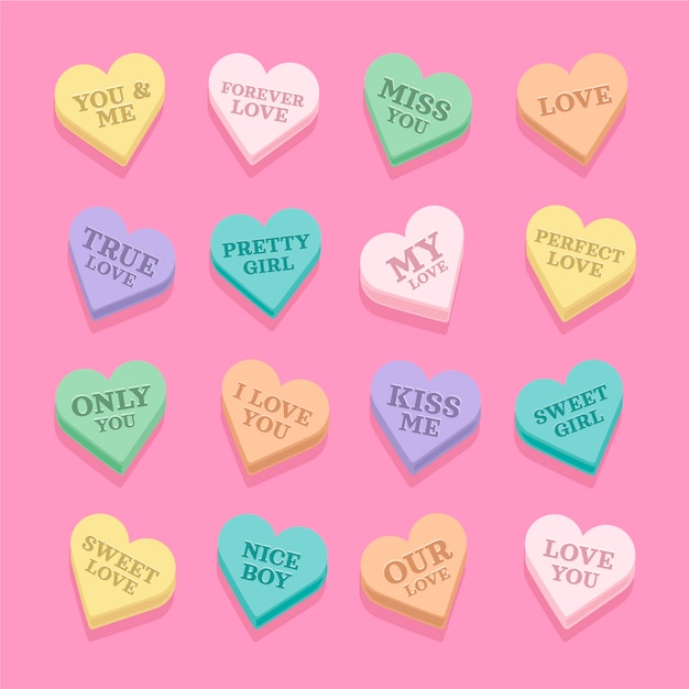 Hand drawn flat design conversation hearts collection