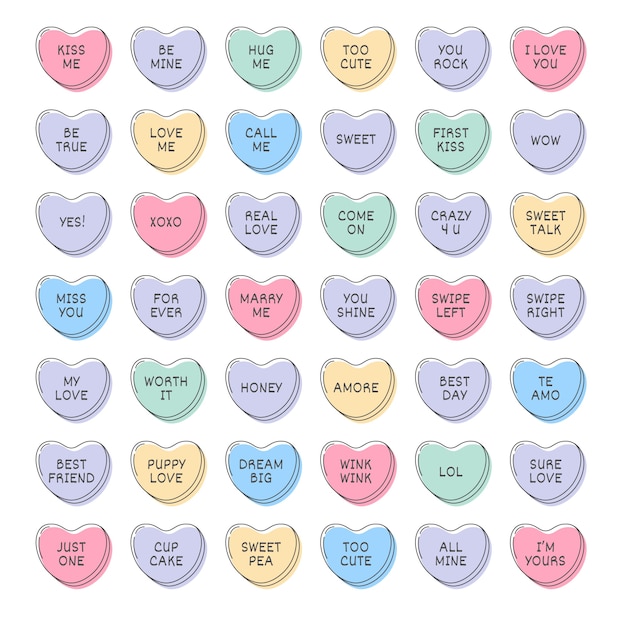 Hand drawn flat design conversation hearts collection