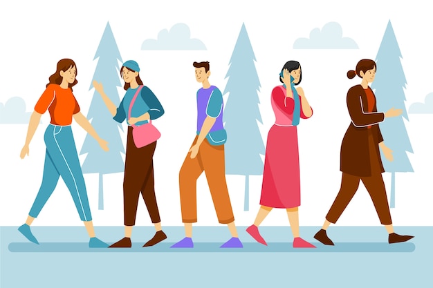 Hand drawn flat design crowd of people walking illustration