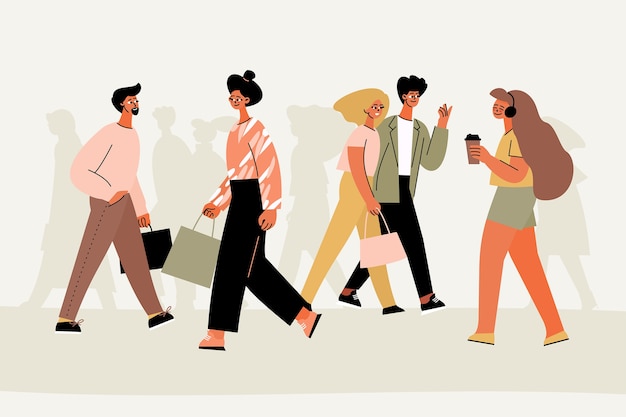 Hand drawn flat design crowd of people walking illustration