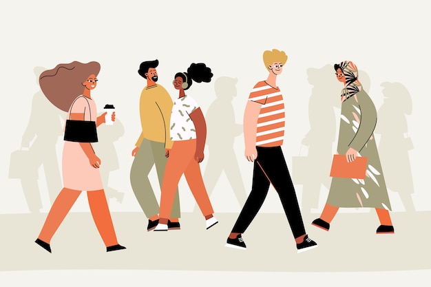 Hand drawn flat design crowd of people walking illustration