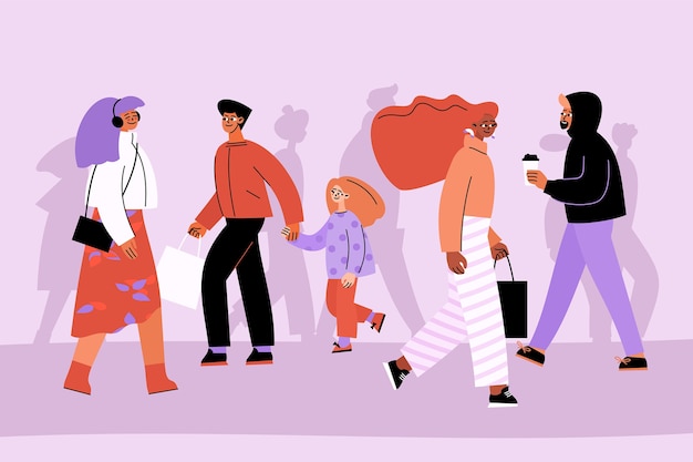 Hand drawn flat design crowd of people walking illustration