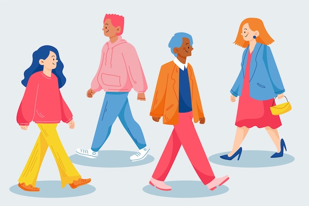 Hand drawn flat design crowd of people walking illustration