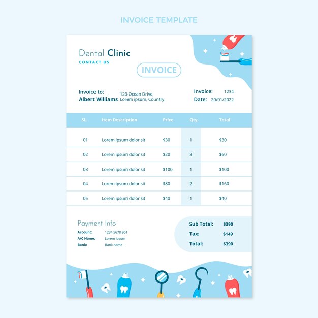 Hand drawn flat design dental clinic invoice