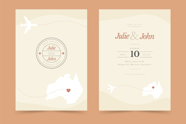 Hand drawn flat design destination wedding invitations