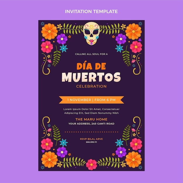 Hand drawn flat design dia de muertos invitation