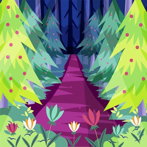 Hand drawn flat design enchanted forest illustration