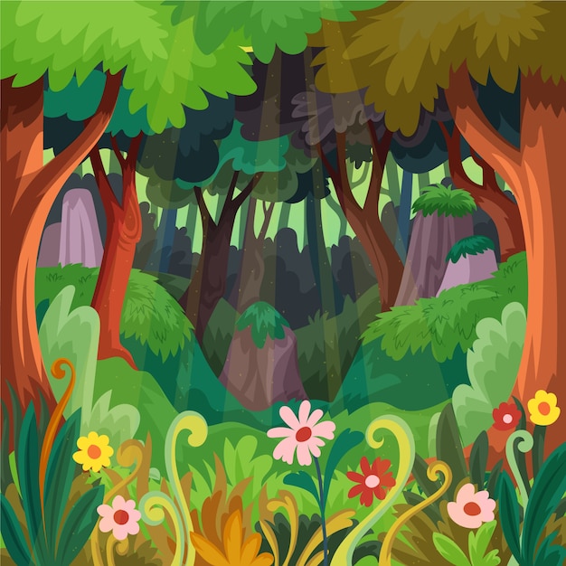 Hand drawn flat design enchanted forest illustration