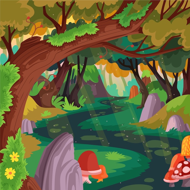 Hand drawn flat design enchanted forest illustration