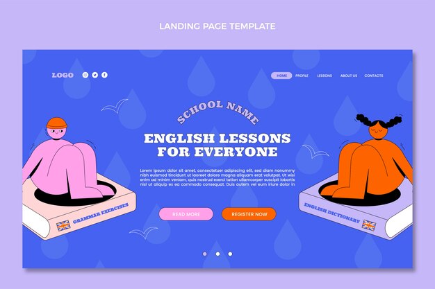 Hand drawn flat design english lessons landing page