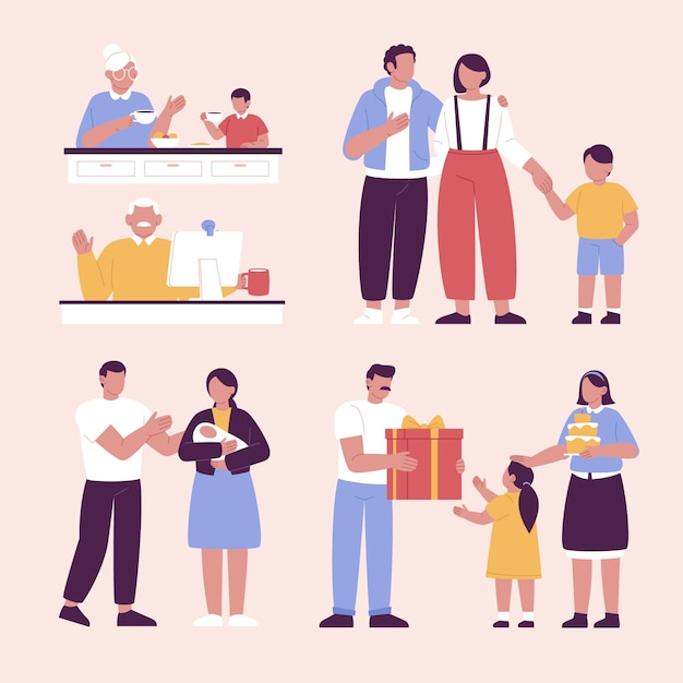 Hand drawn flat design family scenes