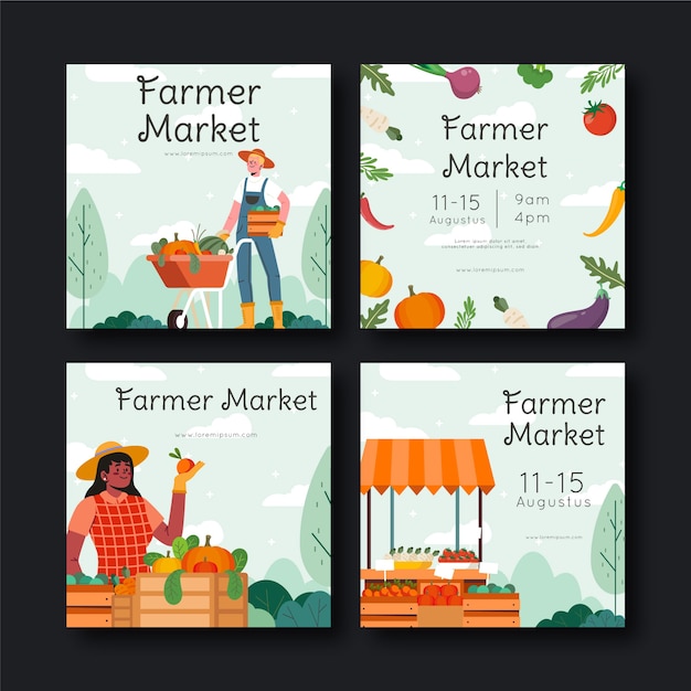 Free vector hand drawn flat design farmers market instagram post collection