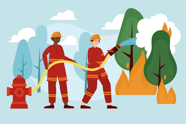 Free Vector hand drawn flat design firefighters putting out a fire