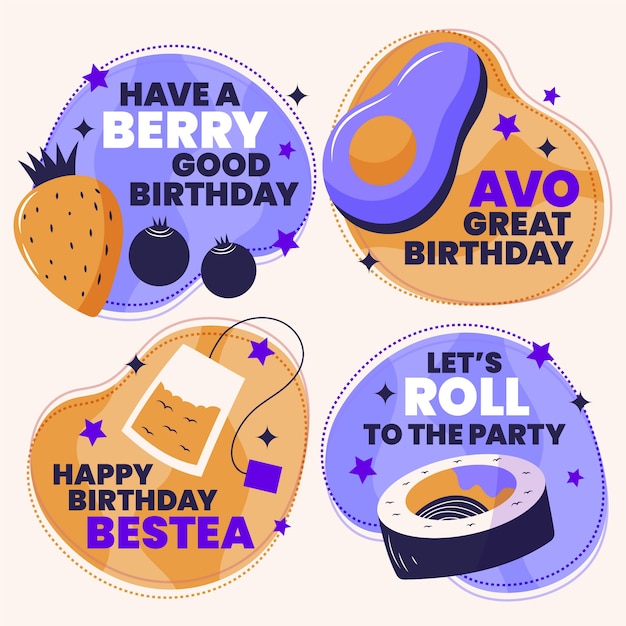 Free Vector hand drawn flat design funny birthday label collection