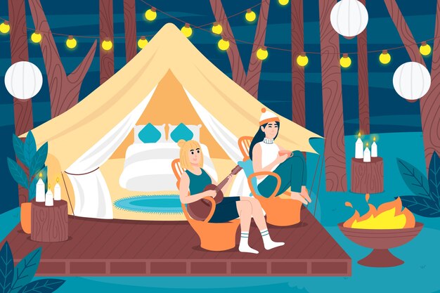 Hand drawn flat design glamping illustration