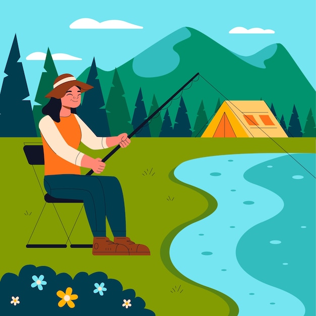 Hand drawn flat design glamping illustration