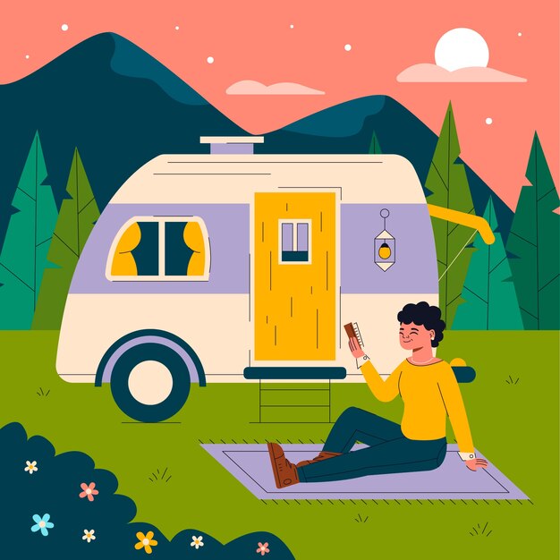 Hand drawn flat design glamping illustration