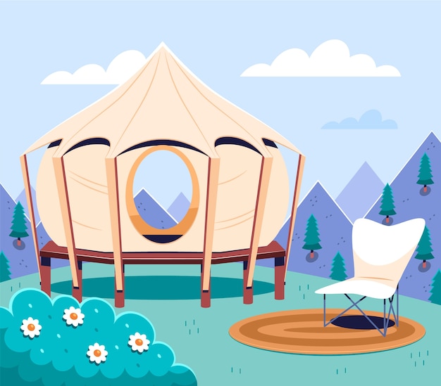 Hand drawn flat design glamping illustration