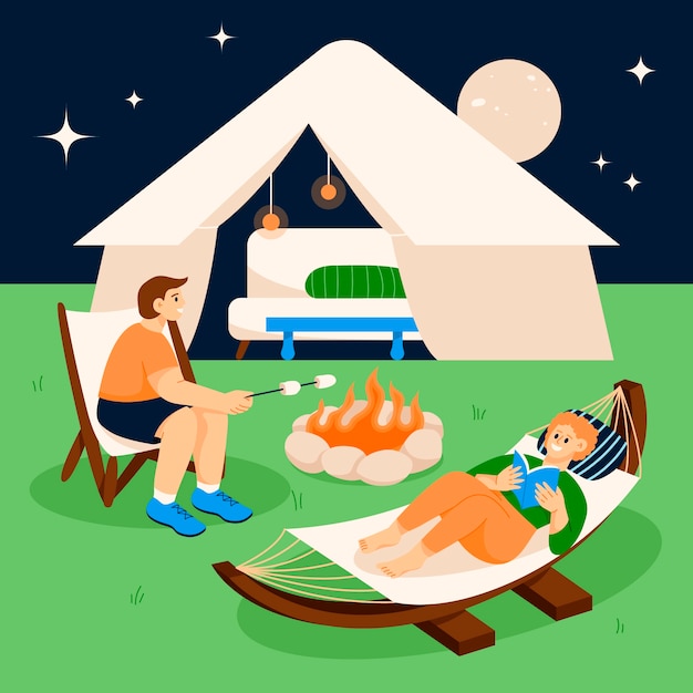 Hand drawn flat design glamping illustration