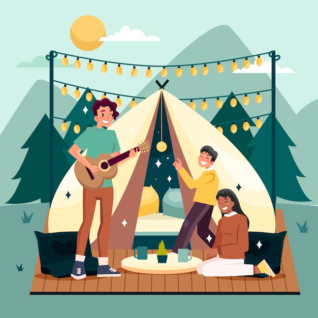 Hand drawn flat design glamping illustration