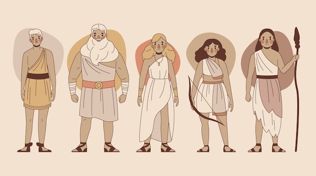 Hand drawn flat design greek mythology character collection