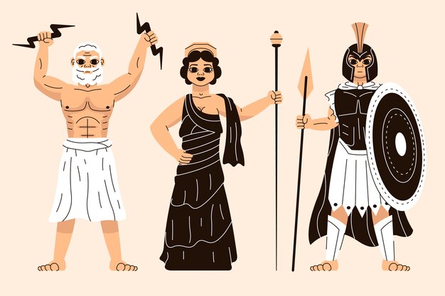 Hand drawn flat design greek mythology character collection