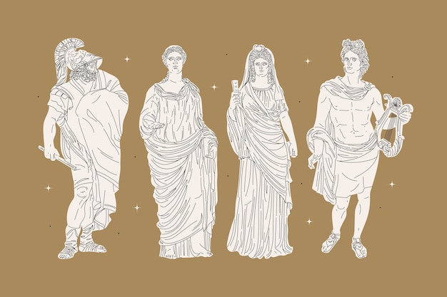 Hand drawn flat design greek mythology character collection