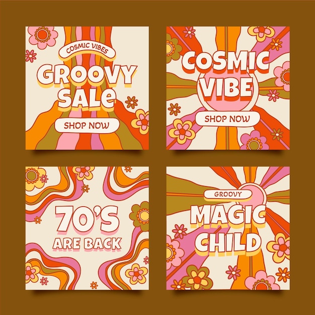 Hand drawn flat design groovy psychedelic facebook post