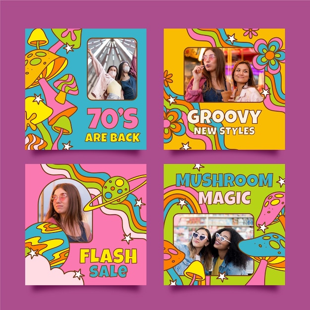 Hand drawn flat design groovy psychedelic instagram posts