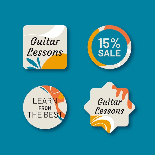 Hand drawn flat design guitar lessons labels