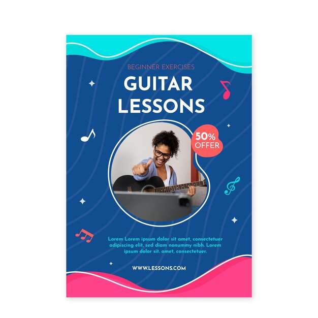 Hand drawn flat design guitar lessons poster