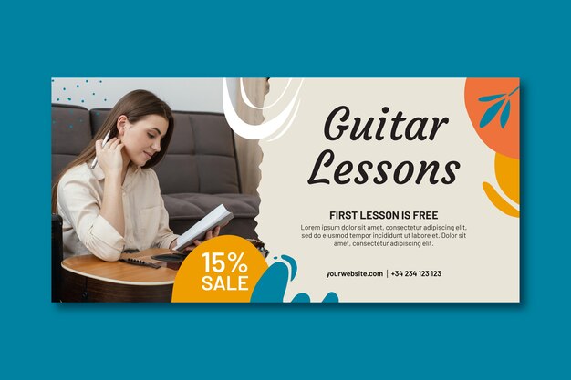 Hand drawn flat design guitar lessons sale background