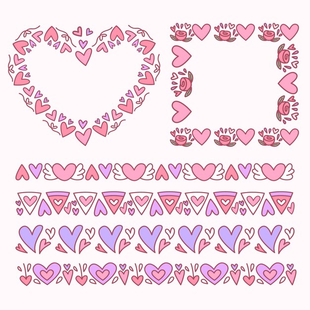 Hand drawn flat design hearts border and frame