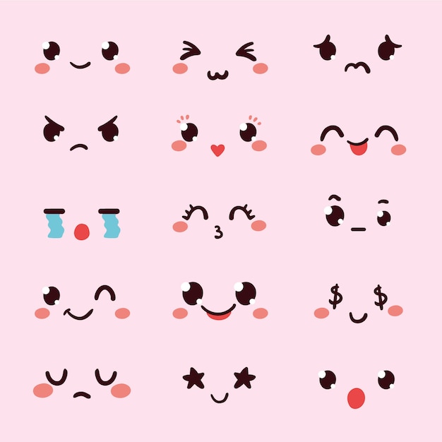 Hand drawn flat design kawaii face collection